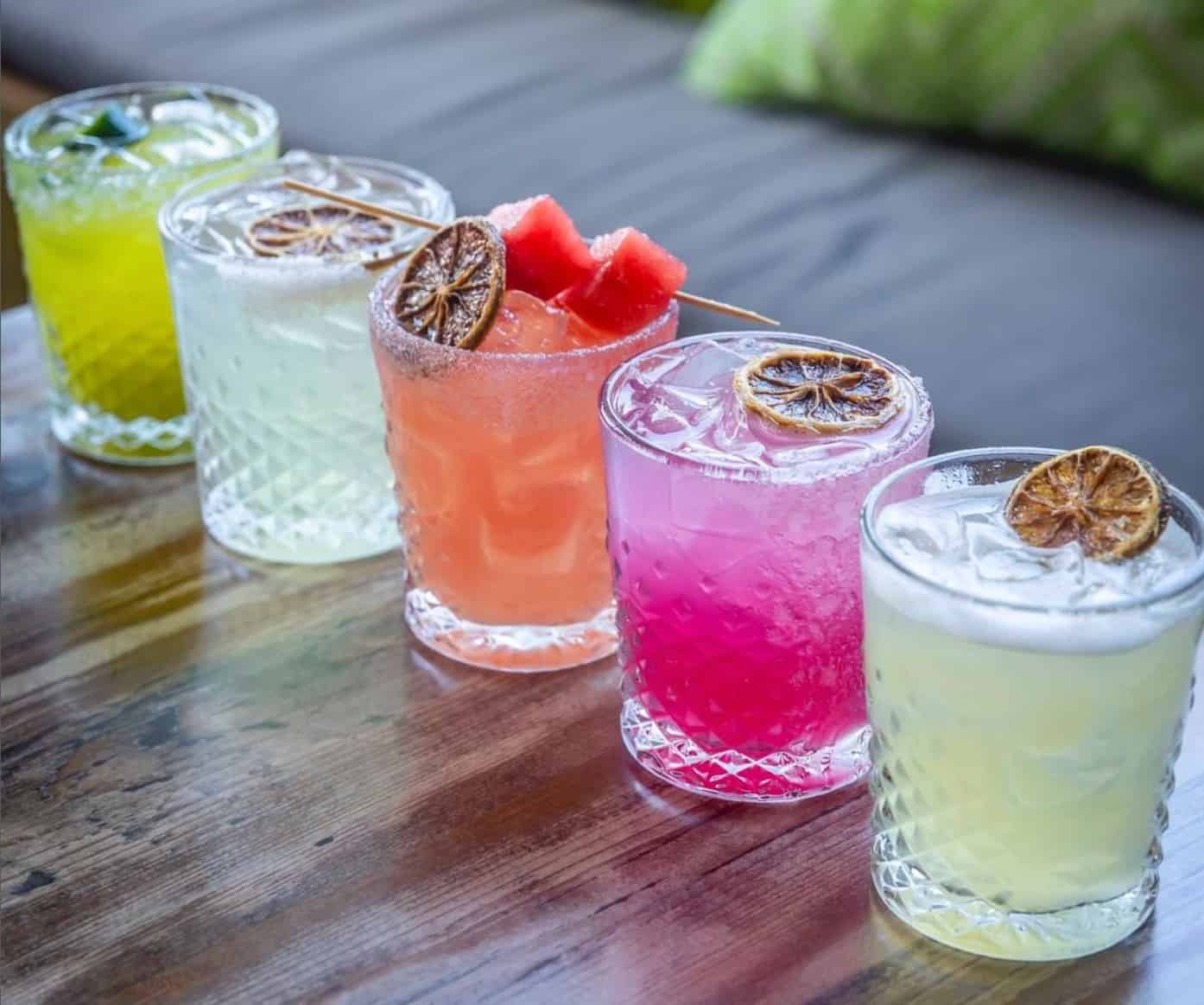 Row of colorful cocktails from Tacocraft