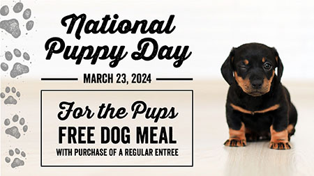 National Puppy Day: March 23, 2024 — Free Dog Meal with purchase of a regular entrée