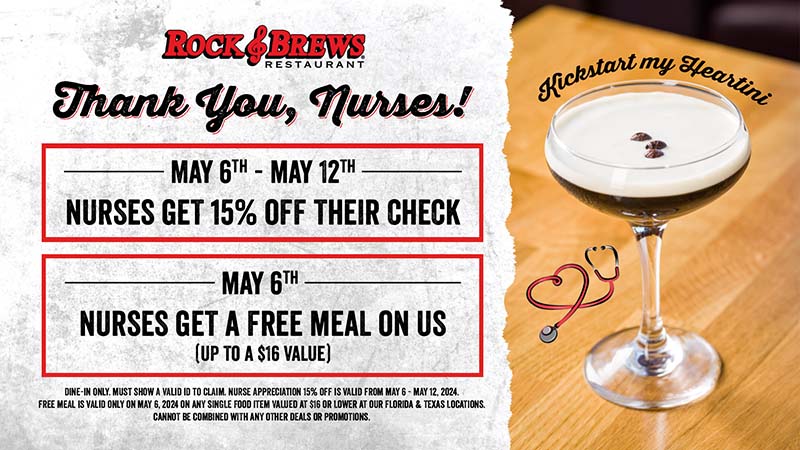 Nurses get 15% off at Rock & Brews May 6 to 12, 2024