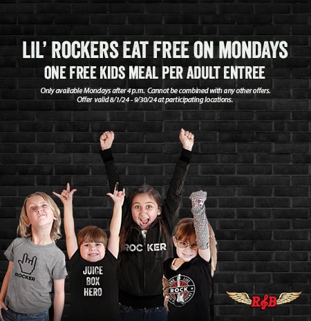 Lil’ Rockers eat free on Mondays at Rock & Brews at Sunset Walk. One free kids’ meal per adult entrée