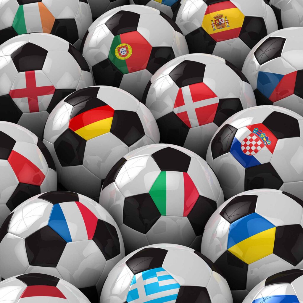 Group of soccer balls with different flags on a hexagon space